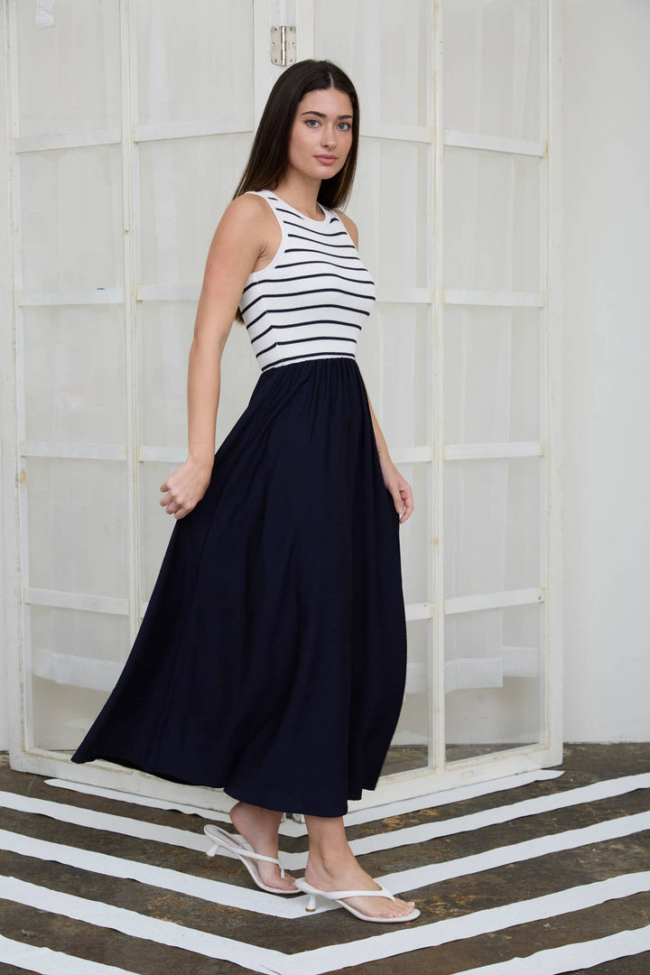 STRIPE TANK SLEEVELESS MIXED MEDIA MIDI DRESS