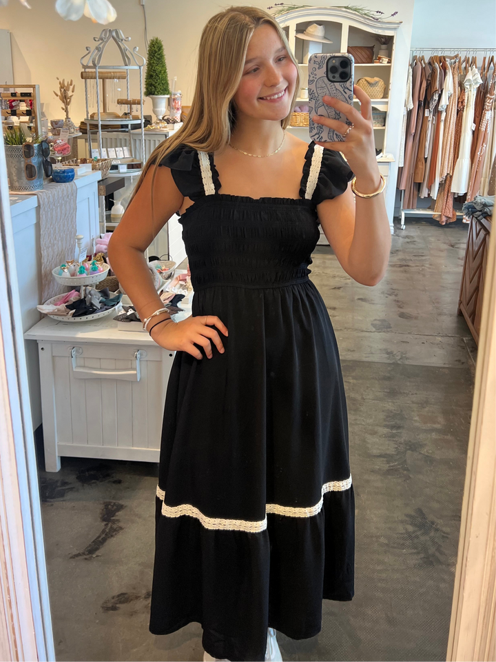 Midnight Ruffle Smocked Midi Dress