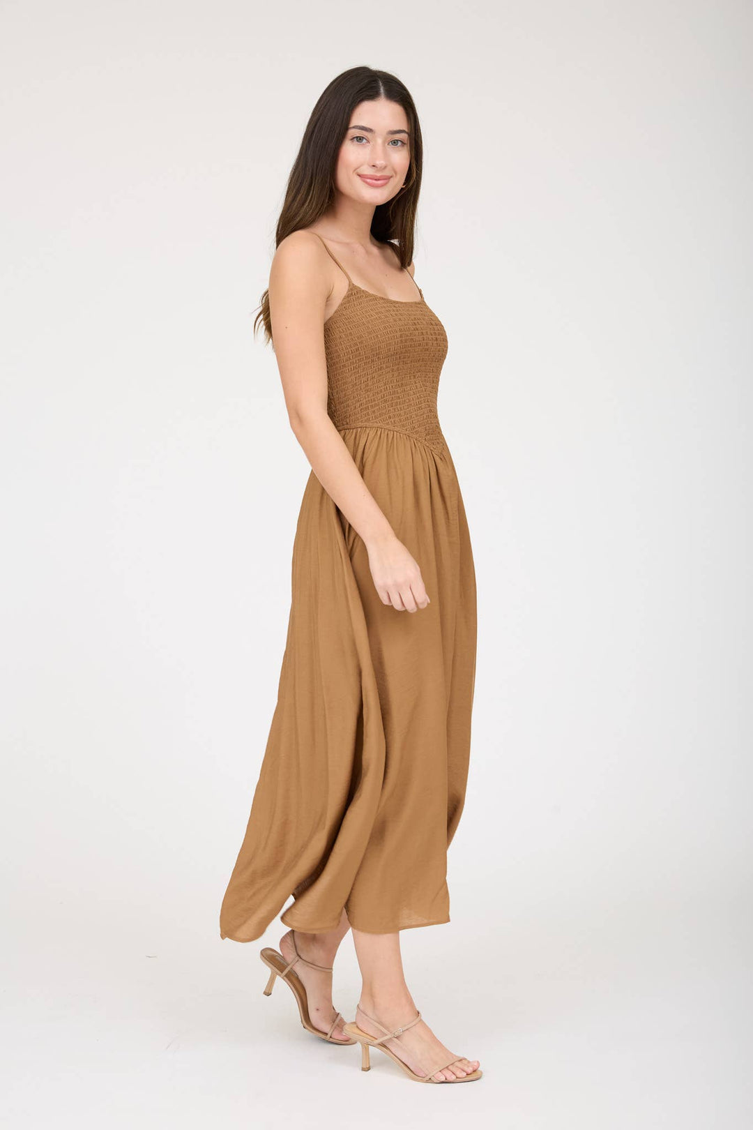 SMOCKED BASQUE WAIST SPAGHETTI STRAP MIDI DRESS