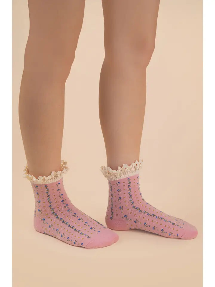 Blush Floral Ruffle Socks