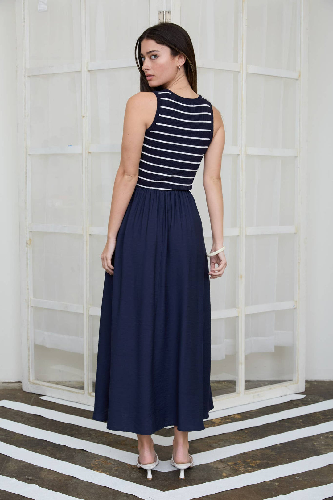 STRIPE TANK SLEEVELESS MIXED MEDIA MIDI DRESS
