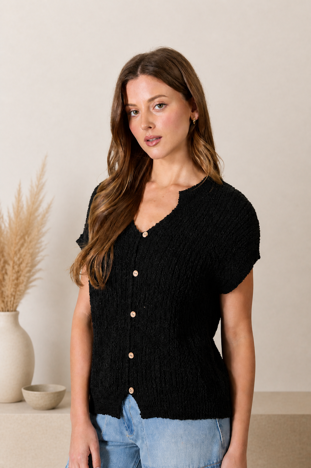 Black Button Knit Top