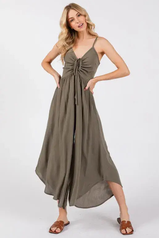 Woven Solid Front Ruched Midi Jumpsuit - VNJU60322