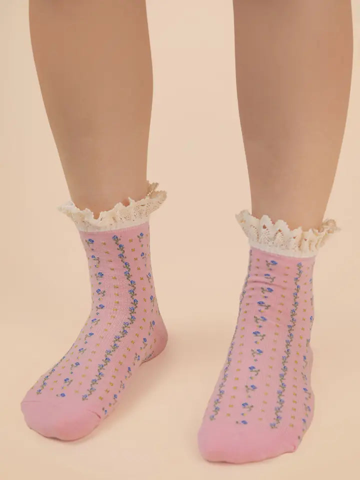 Blush Floral Ruffle Socks