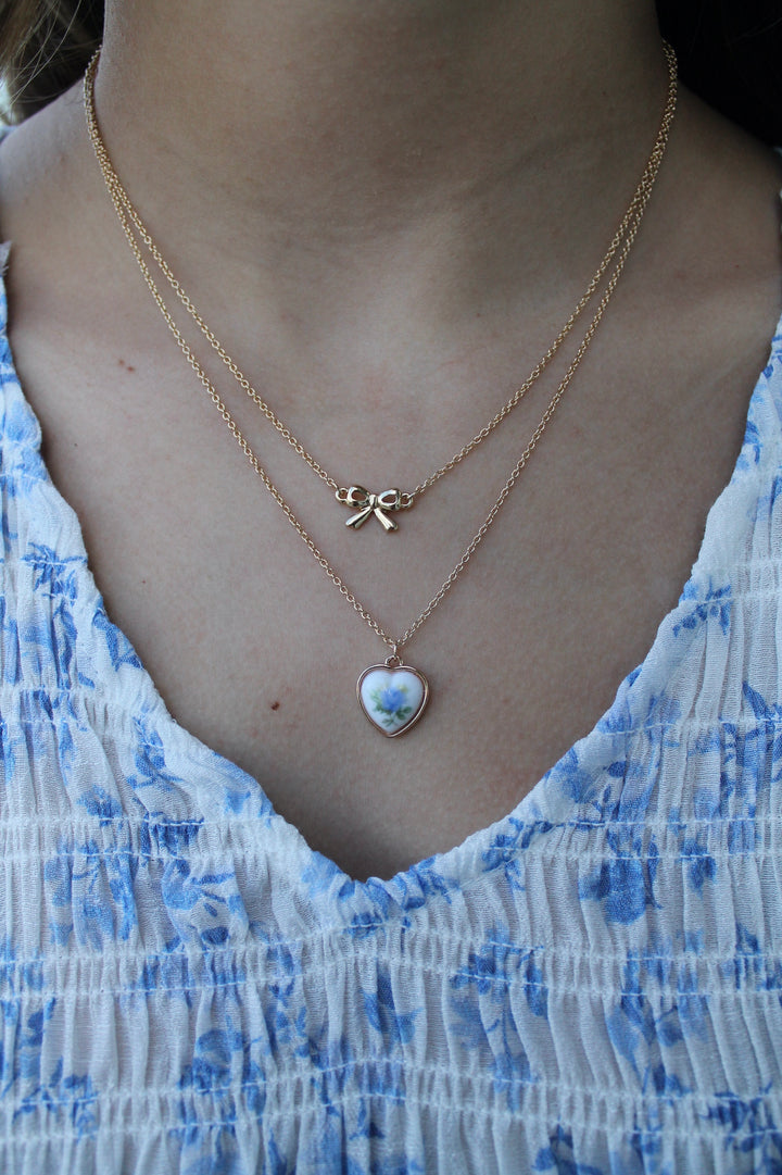 Blue floral & Bow layered necklace