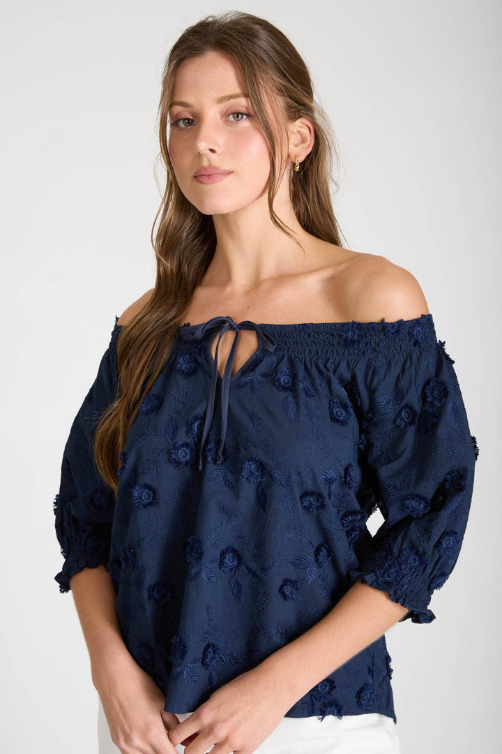 EMBROIDERED 3D FLORAL OFF THE SHOULDER BLOUSE