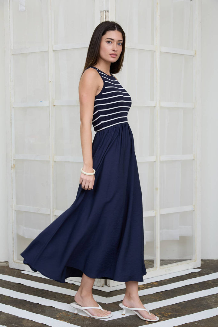 STRIPE TANK SLEEVELESS MIXED MEDIA MIDI DRESS