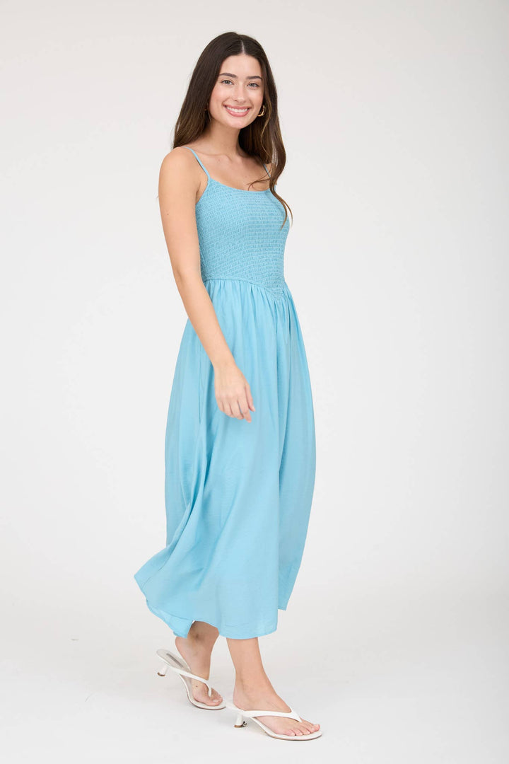 SMOCKED BASQUE WAIST SPAGHETTI STRAP MIDI DRESS