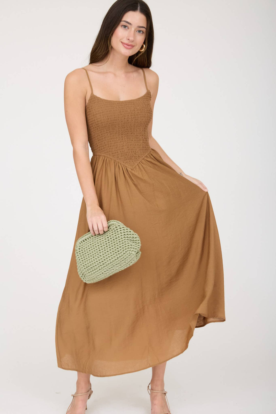 SMOCKED BASQUE WAIST SPAGHETTI STRAP MIDI DRESS