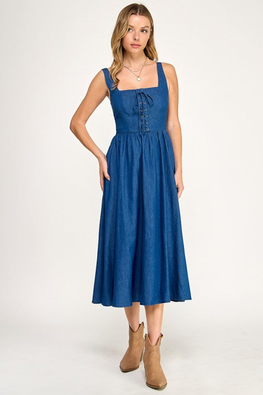 Denim Lace-Up Midi Dress
