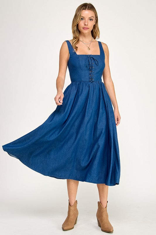 Denim Lace-Up Midi Dress