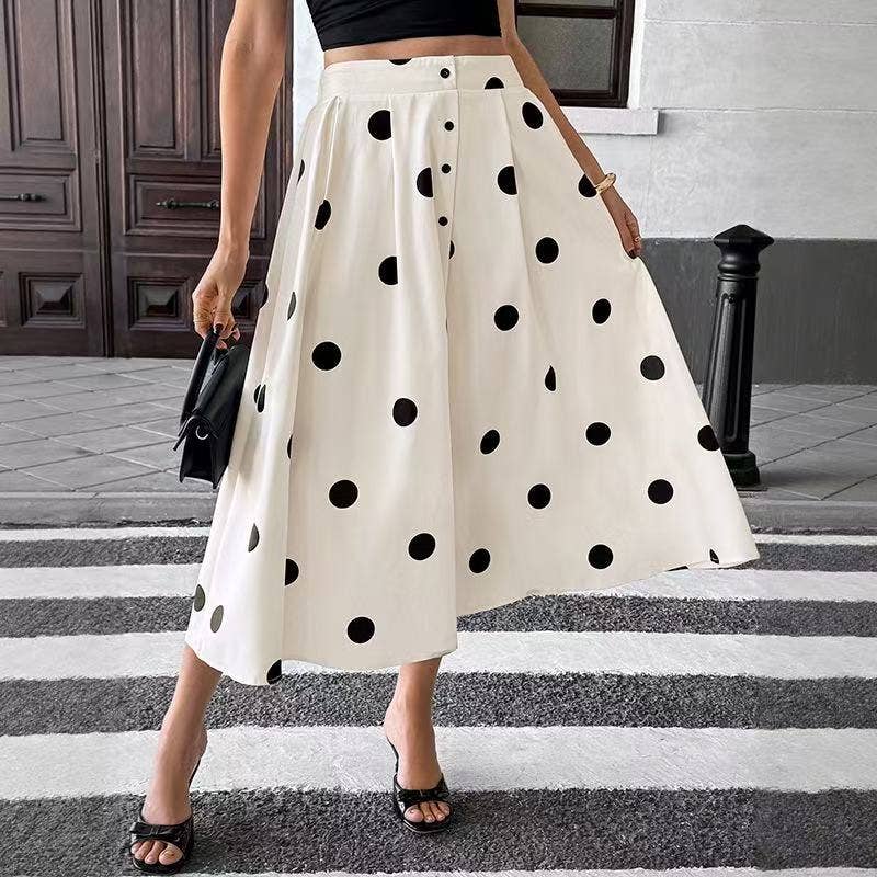 Retro Polka Dot Button-Front Midi Skirt