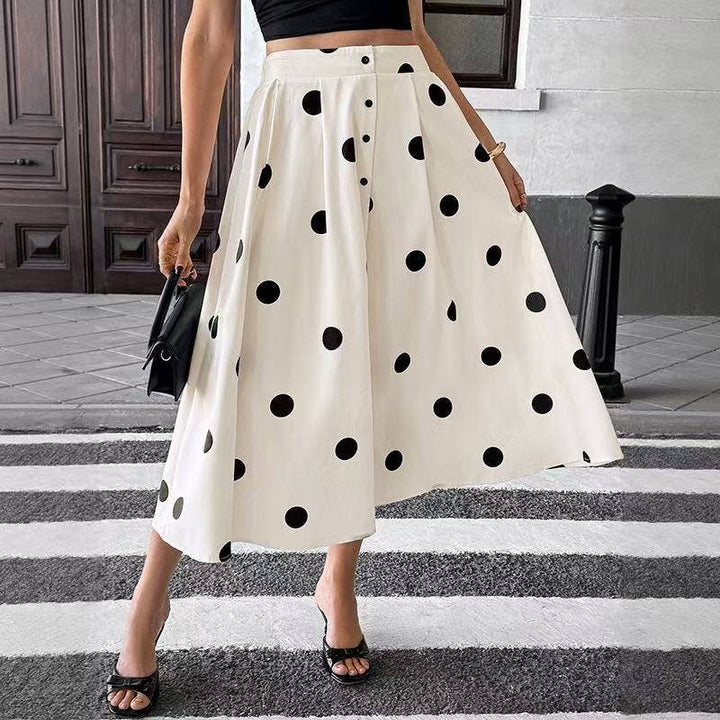 Retro Polka Dot Button-Front Midi Skirt