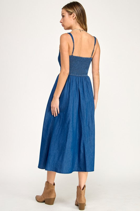denim lace up dress Stylish Cutie Trim Mini Measured lying flat Denim Lace-Up Midi Dress |