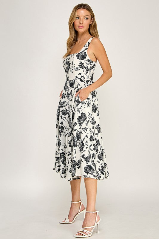 Black Floral Midi Dress