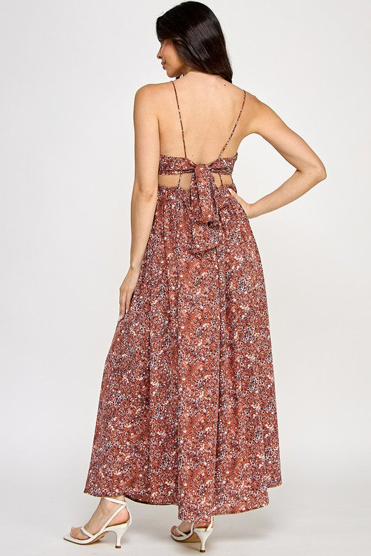 Boho Rust Floral Maxi – Open Back Floral Maxi Dress Medium