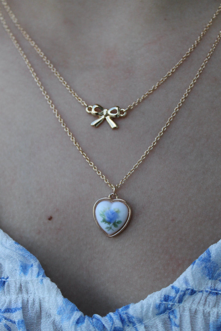 Blue floral & Bow layered necklace