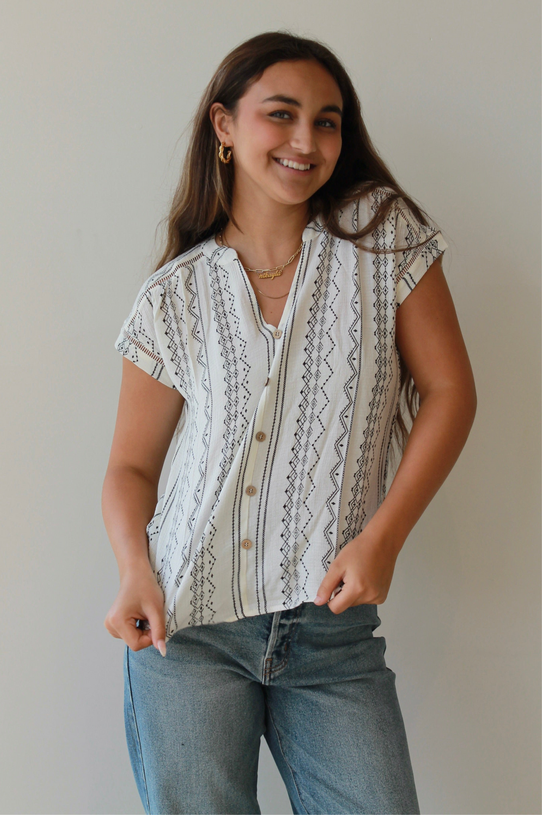 Savannah Stitch Button-Down Top