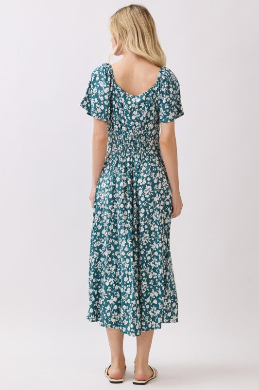 Back view teal floral midi dress with smocked back