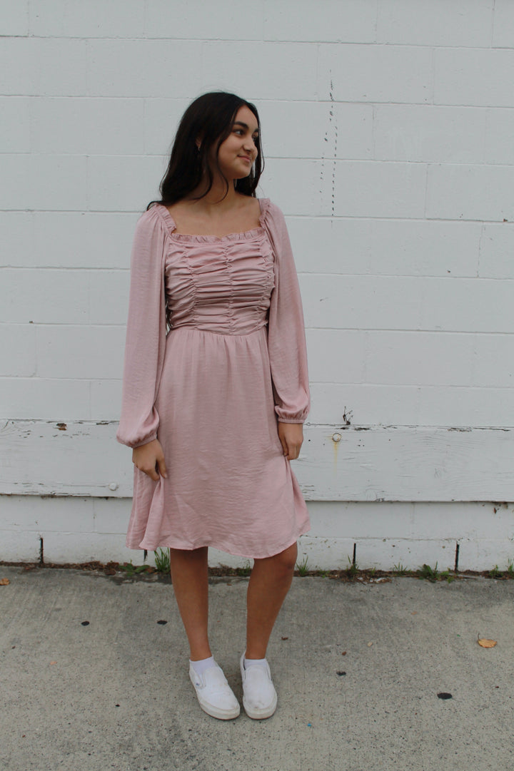 Blush pink ruffled top dress with long sleeves and pockets, knee length.