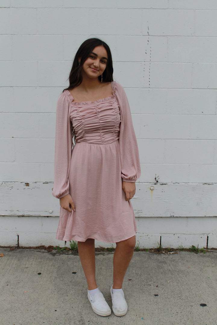 Blush pink ruffled top dress with long sleeves and pockets, knee length.