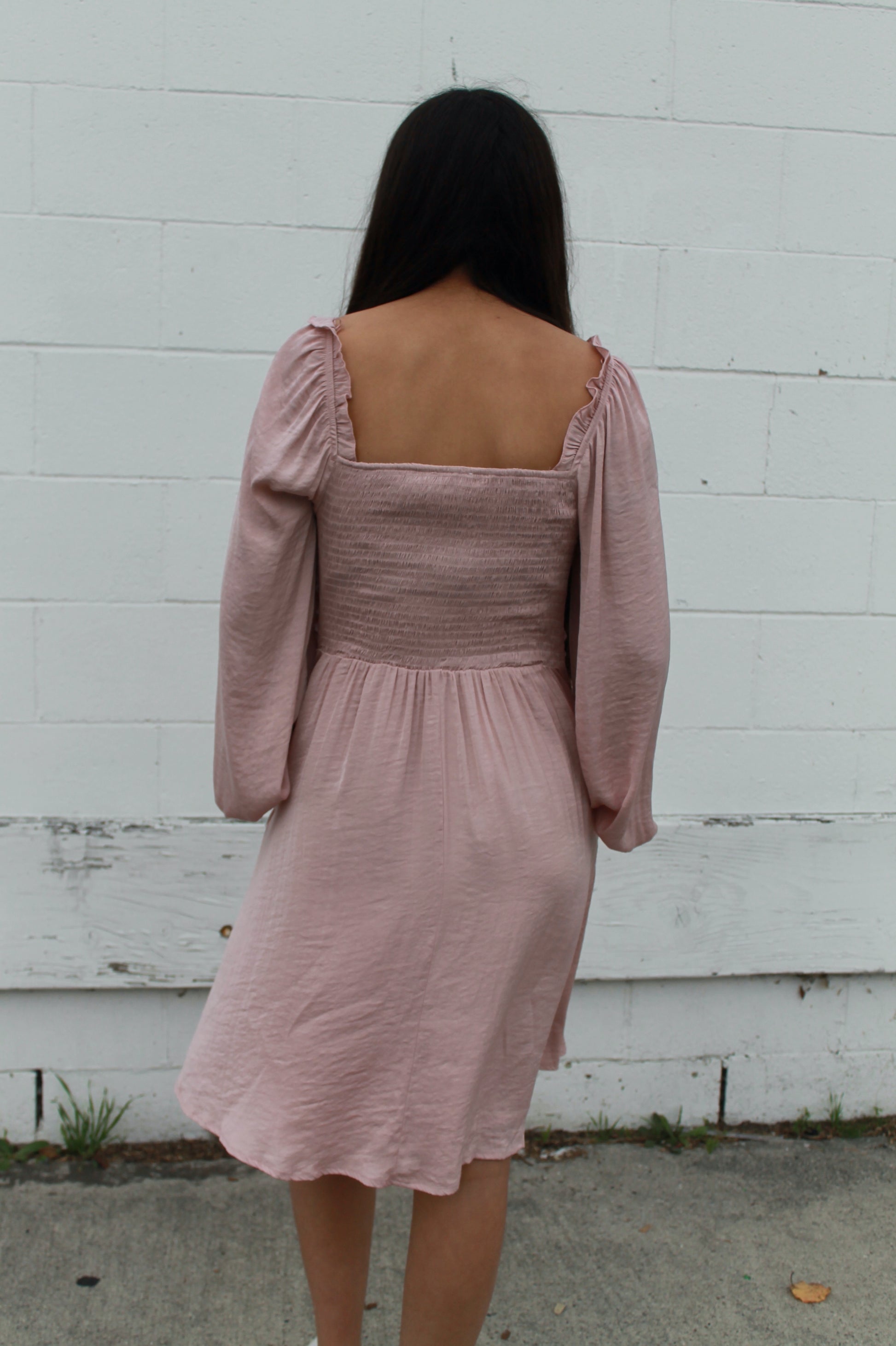 Blush pink ruffled top dress with long sleeves and pockets, knee length. Back has stretchy smock.