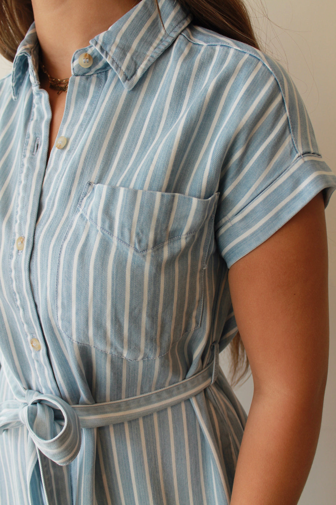 Person wearing a blue and white striped dress with a belt against a neutral background
