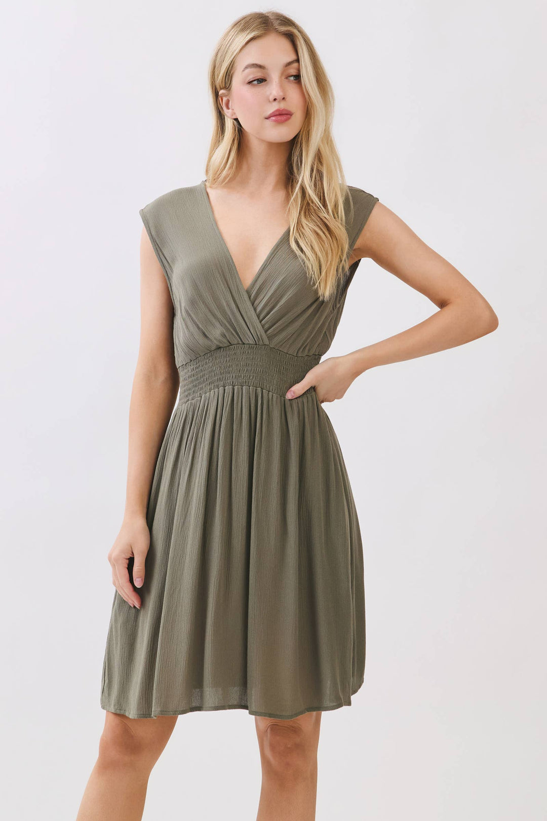 SURPLICE SMOCKED WAIST MINI DRESS - VJD400097