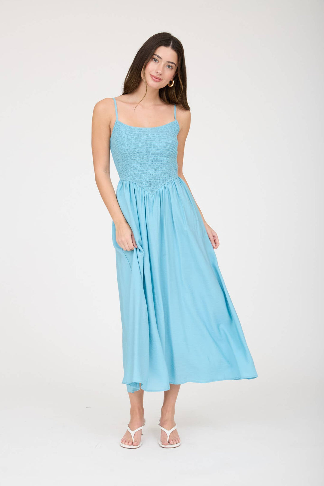 SMOCKED BASQUE WAIST SPAGHETTI STRAP MIDI DRESS