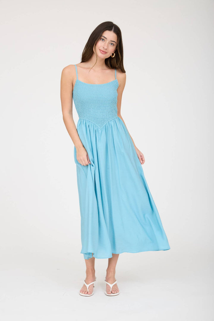 SMOCKED BASQUE WAIST SPAGHETTI STRAP MIDI DRESS