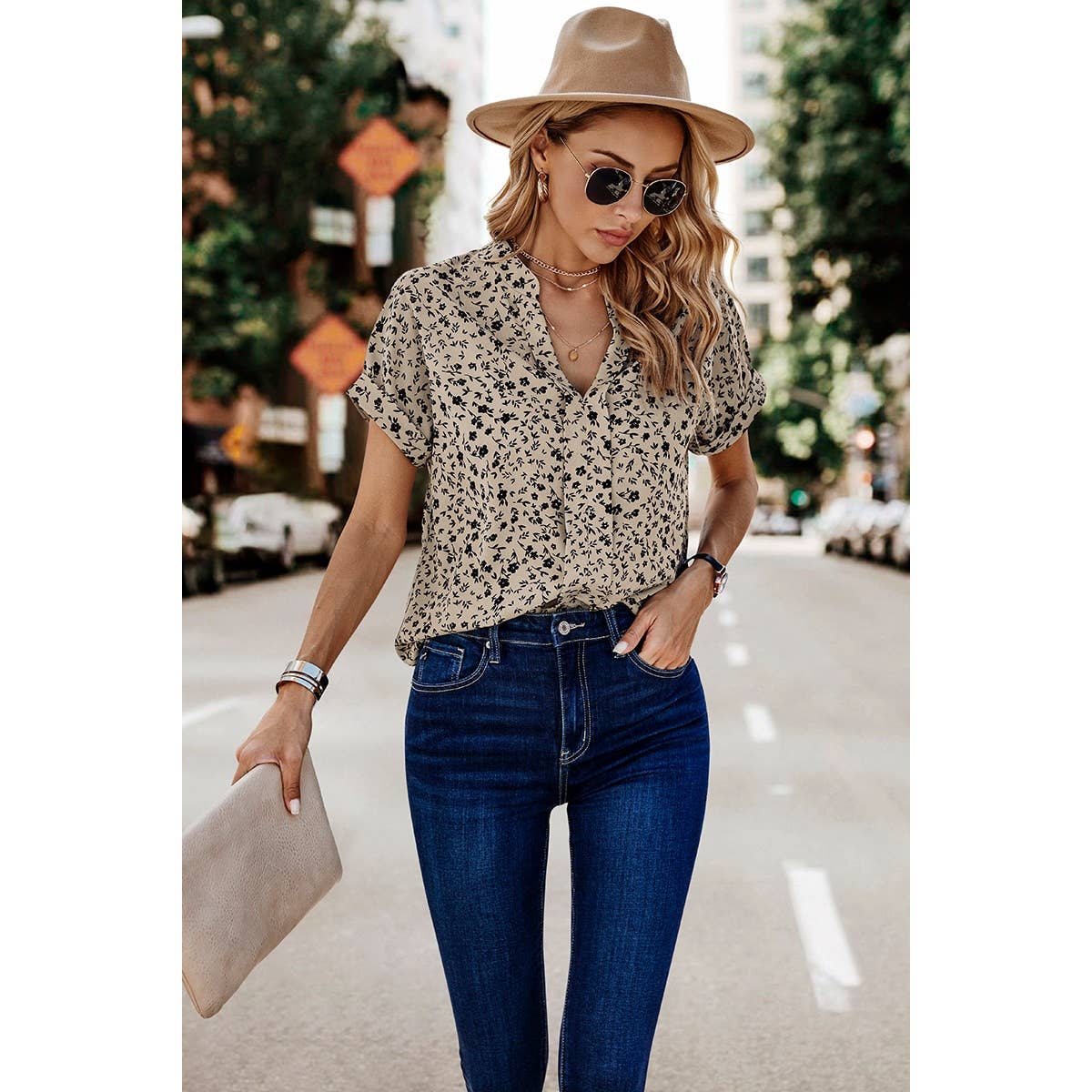 Floral Print V Neck Loose Fit Blouse