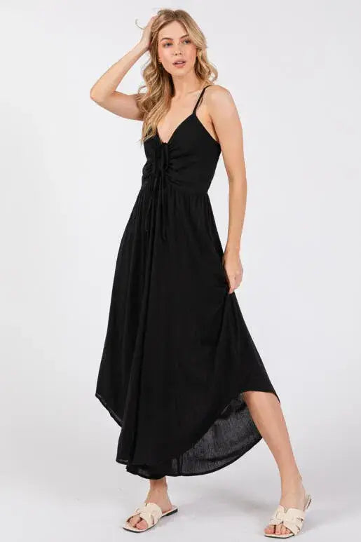 Woven Solid Front Ruched Midi Jumpsuit - VNJU60322