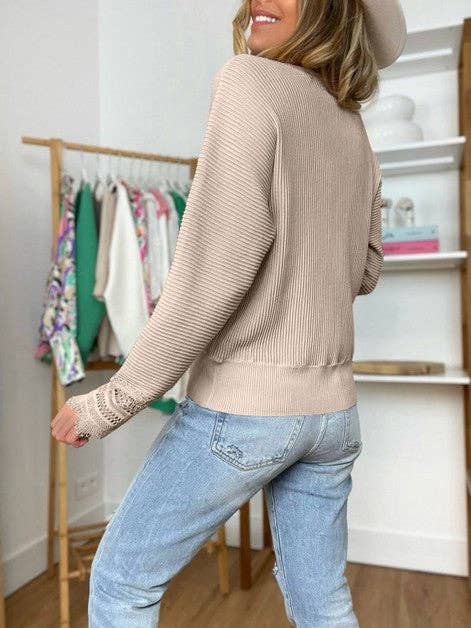 Woman Solid Lace Long Sleeve Striped Top