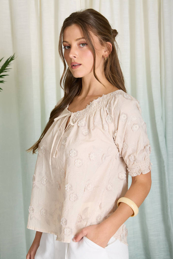 EMBROIDERED 3D FLORAL OFF THE SHOULDER BLOUSE