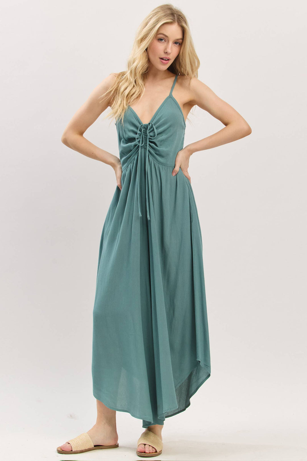 Woven Solid Front Ruched Midi Jumpsuit - VNJU60322