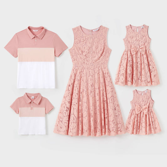 Family Matching Pink Color Block Polo, Lace Sleeveless Dress