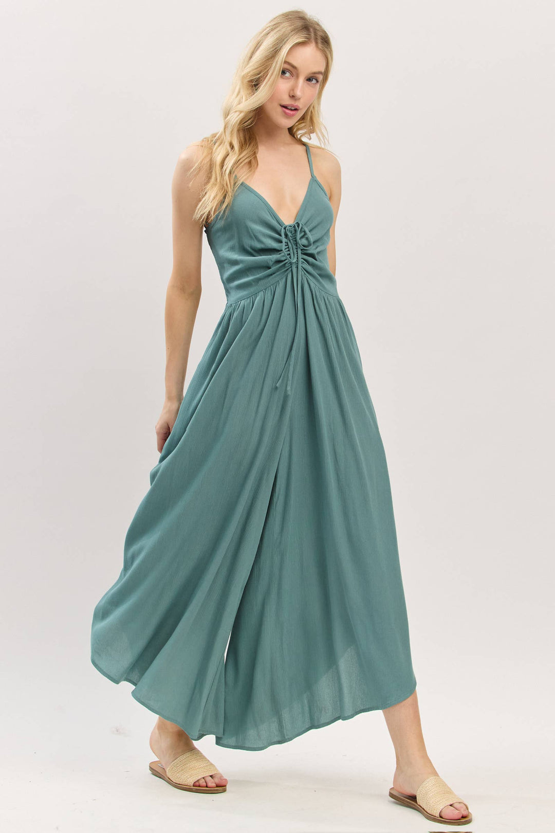 Woven Solid Front Ruched Midi Jumpsuit - VNJU60322