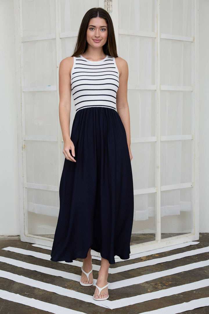 STRIPE TANK SLEEVELESS MIXED MEDIA MIDI DRESS