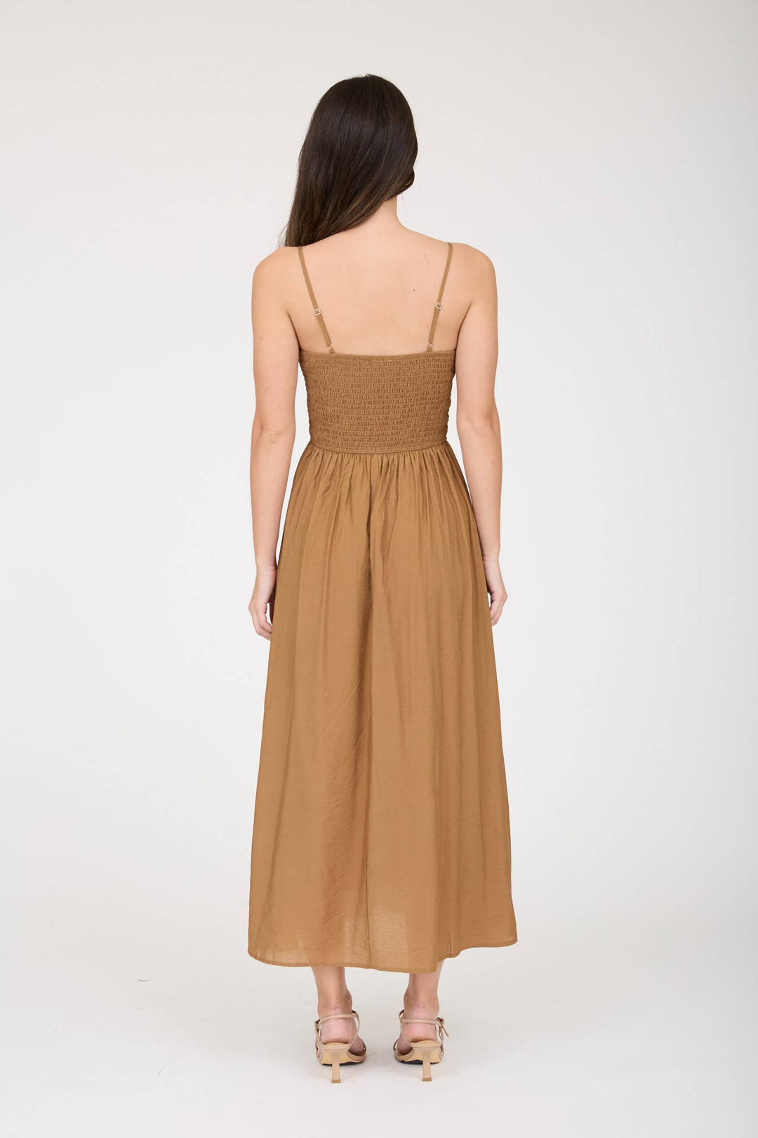 SMOCKED BASQUE WAIST SPAGHETTI STRAP MIDI DRESS