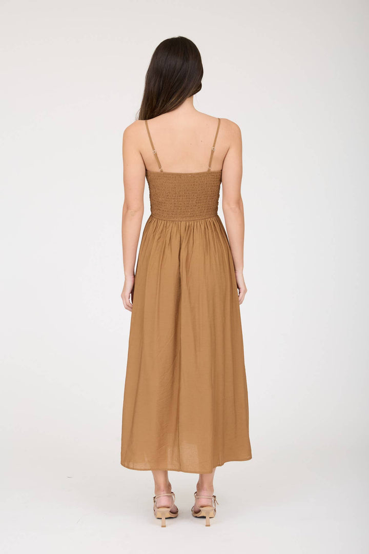 SMOCKED BASQUE WAIST SPAGHETTI STRAP MIDI DRESS