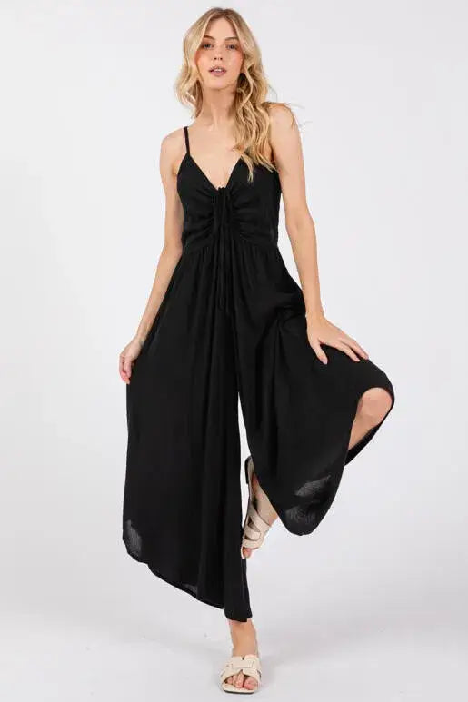 Woven Solid Front Ruched Midi Jumpsuit - VNJU60322