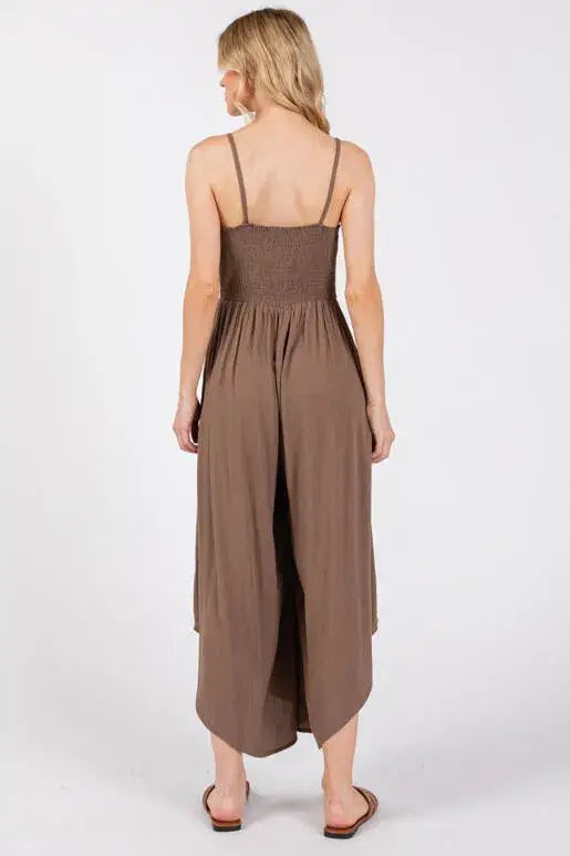 Woven Solid Front Ruched Midi Jumpsuit - VNJU60322