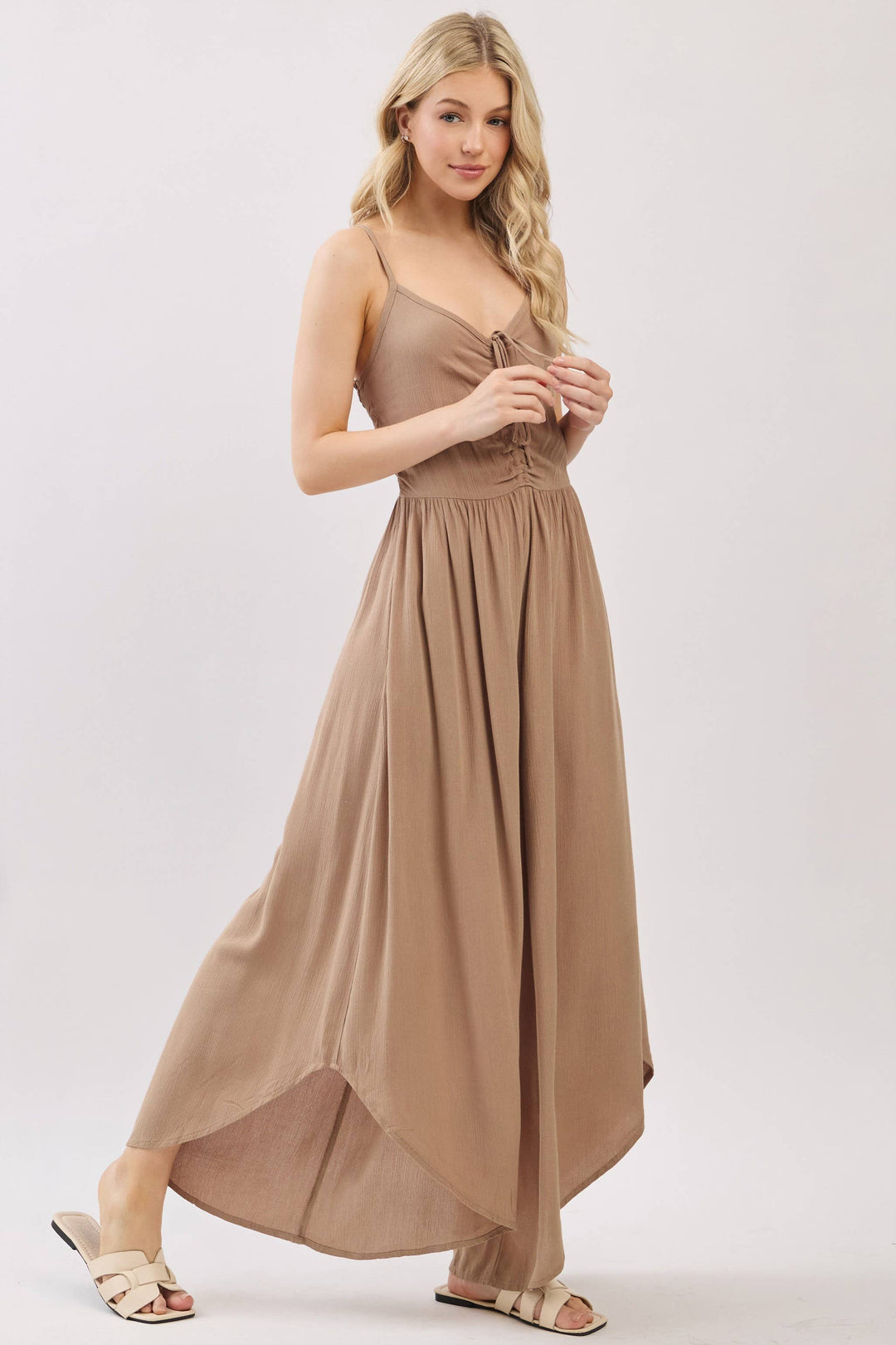 Woven Solid Front Ruched Midi Jumpsuit - VNJU60322