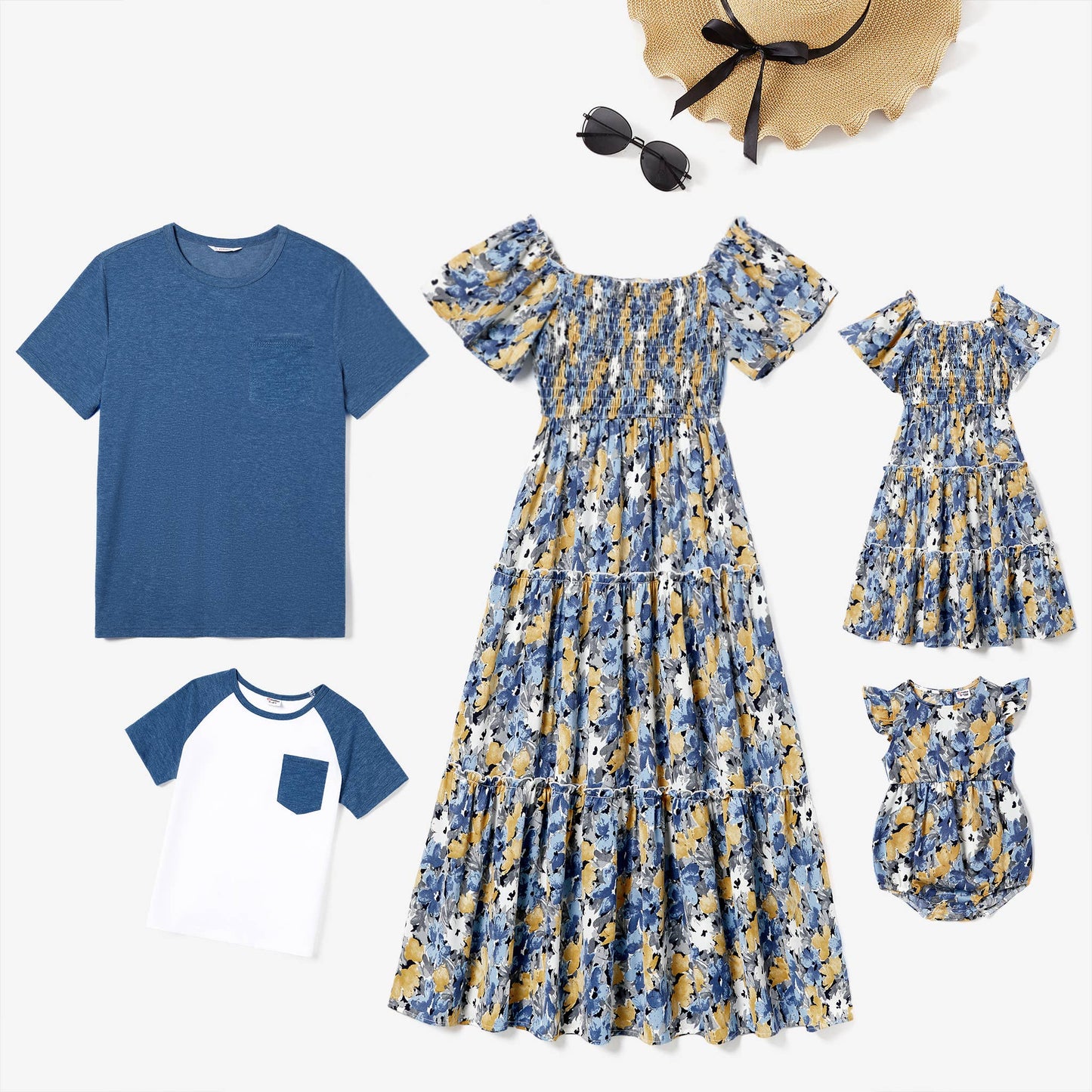 Family Matching Blue Raglan Sleeve T-Shirt, Tiered Dresses